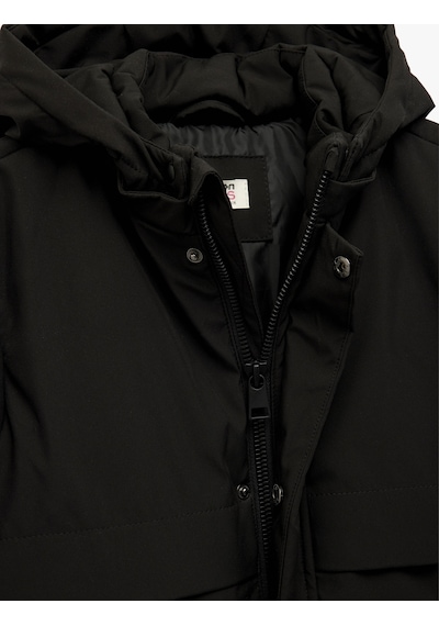Koton Uzun Kollu Çıtçıt Detaylı Cepli Slim Fit Kapşonlu Mont Siyah 6wkb00017tw Siyah
