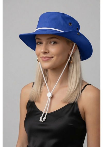 Mollycrush Premium Kamp Doğa Şapkası Nefes Alan Mavi Unisex Metal Delikli Safari İpli Mavi