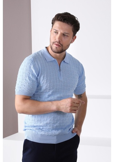 Ferraro Mavi Polo Yaka Fermuarlı Erkek Pamuk Triko T-Shirt-Mavi (429067812) Mavi
