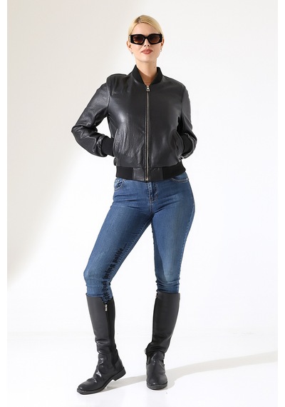 M M Marki Marki Kadın Hakiki Deri Ceket, Siyah, Pilot Model, 54 Cm, Fermuarlı, Kısa