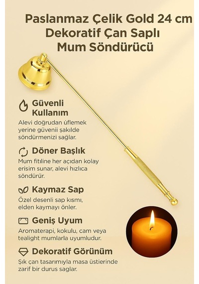 Paslanmaz Çelik Gold 22 Cm Dekoratif Çan Dizayn Saplı Mum Söndürücü Cin818sr Çok Renkli