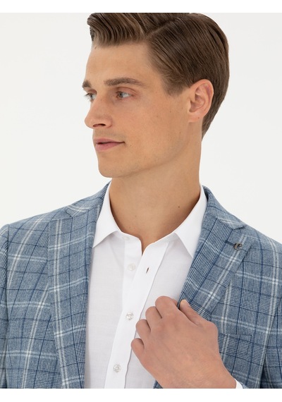 Cacharel Mavi Slim Fit Yün Karışımlı Ekose Takım Elbise