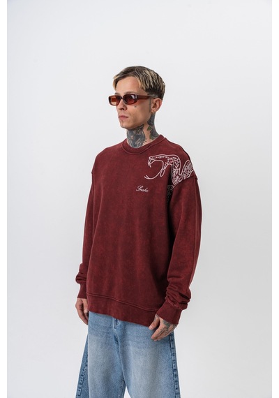 Respire Erkek Snake Nakışlı Yıkamalı Bisiklet Yaka Oversize Sweatshirt Bordo