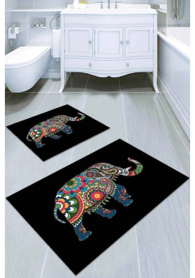 Siyah Fil Desenli Banyo Halısı Klozet 2'li Paspas Seti Bs039n11