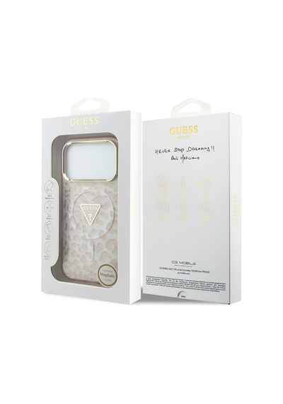 Apple iPhone Uyumlu 18 Pro Max Kılıf Guess Lisanslı M-safeli Üçgen Logolu Simli Leopar Desenli Kapak Pembe