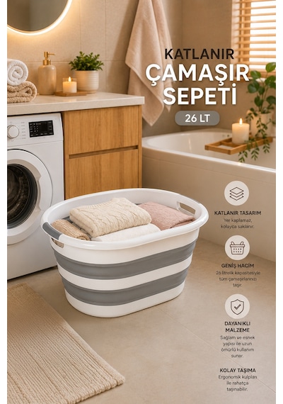 Porsima LA-550 Katlanabilir Çamaşır Sepeti Akordiyon Katlanır Sele Sepet Silikon Çamaşır Sepeti 26 L Diğer
