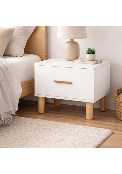 Beyaz Çekmeceli Komodin Yatak Odası & Bebek Odası İçin Modern Ahşap Ayaklı Komodin Beyaz