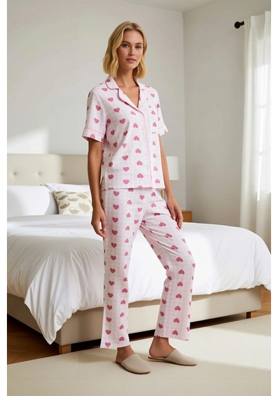 Benerly Kadın Müslin Dokuma Gömlek Yaka Kısa Kol Kalp Desenli Pijama Takı Pembe Benerly Kadın Müslin Dokuma Gömlek Yaka Kısa Kol Kalp Desenli Pijama Takı Pembe