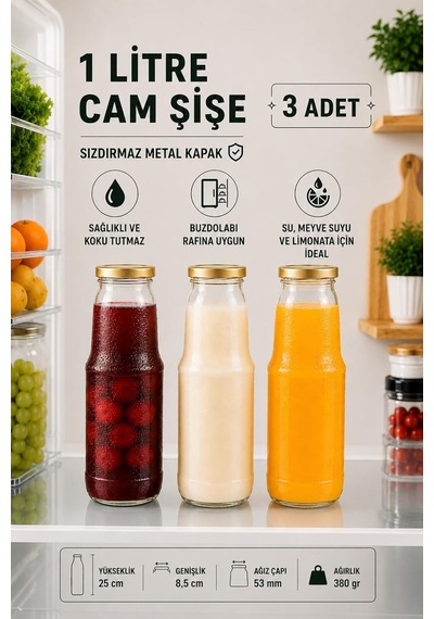 3 Adet 1 Litre Şeffaf Sürahi Süt, Ayran, Su, Limonata, Meşrubat Şişesi Metal Gold Kapaklı Cam Şişe