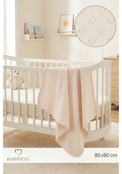 Babyden's Kalp Desenli Jakarlı %100 Pamuklu - Nefes Alabilen - Yumuşak Bebek Battaniye Ekru