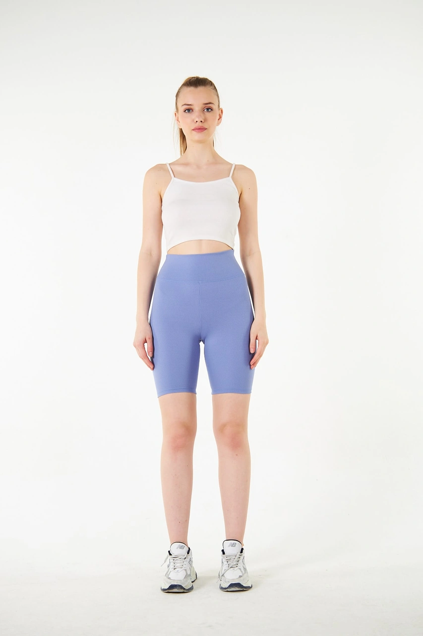 Thiff Gymwear Haki Yüksek Bel Toparlayıcı Kısa Şort Spor Fitilli Biker Tayt Mavi