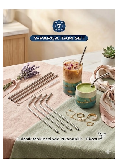 Premium 7 Parça Paslanmaz Çelik Metal Pipet Seti - 3 Düz, 3 Eğimli Pipet + Temizleme Fırçası Metalik Gri