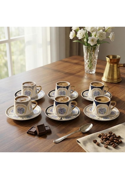 Ayrex Deconox Lüks 6 Kişilik Porselen Türk Kahvesi Fincan Takımı, Altın Yaldızlı Ve Mavi Çiçek Desenli 12 Par Diğer