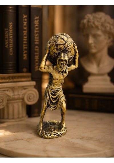 Atlas Heykeli 14 Cm Antik Gold Dekoratif Biblo Mitolojik Ev Dekorasyonu & Masa Üstü Aksesuar