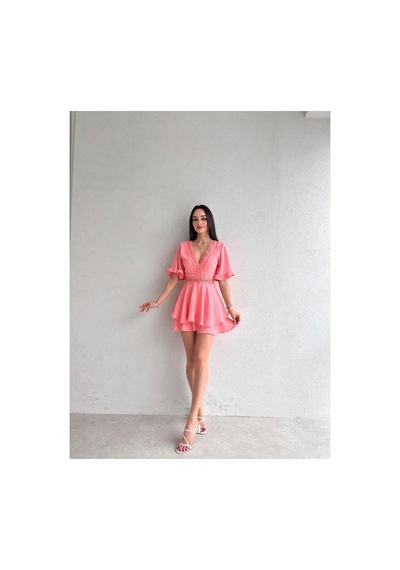 Munora Butik Sırt Dekolteli Brode Detaylı Pembe Tulum Elbise Pembe Pembe