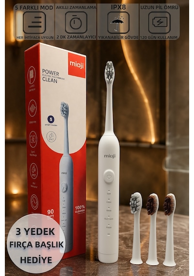Mioji Oral B1 Şarj Edilebilir IPX8 5 Modlu Diş Fırçası Beyaz + 3 Yedek Başlık