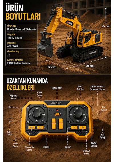Buharlı Işıklı Sesli Metal Alaşım Excavator Uzaktan Kumandalı Rc İş Makinesi Sarı