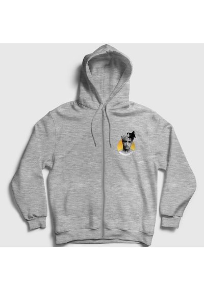 Presmono Unisex Sun Xxxtentacion Fermuarlı Kapüşonlu Sweatshirt Gri Melanj
