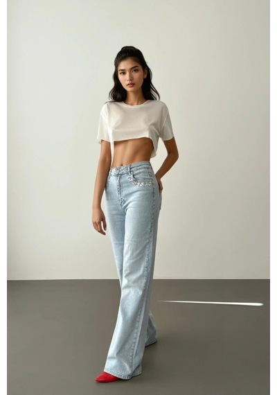 Lacarino 7984 Wide Leg Kadın Jean Pantolon Lıght Blue Taşlı