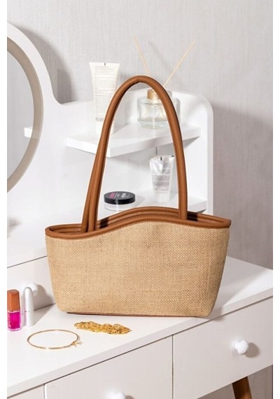 Lovelystore Kadın Hasır El Omuz Çantası Yazlık Çanta Plaj Çantası Fermuarlı Astarlı 24x38 Krem