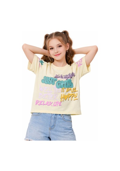 İrem Çocuk Giyim Kız Çocuk Just Chill Yazı Desenli Kısa Model Crop Sarı Renk Tişört Sarı