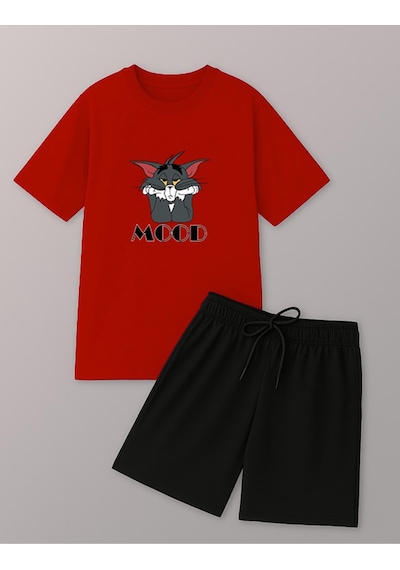 Uyguntarz Unisex Mood Baskılı Tasarım Şort Takım Spor Eşofman Takımı Kırmızı