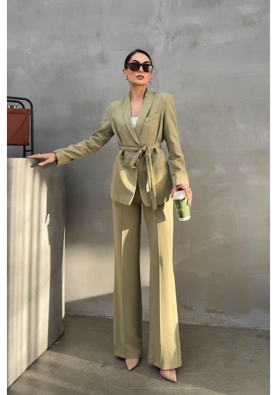 Msm Fashion Kadın İkili Kuşaklı Blazer Ceket Pantolon Takım Açık Haki
