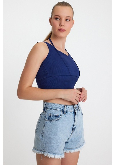 Polo State Kadın Ense Biye Detaylı Crop İndigo