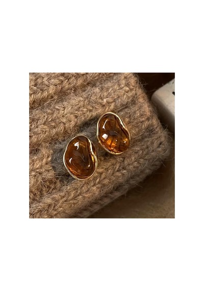 Electra Model 3'lü Set Amber Taş Görünümlü Vintage Gold Küpe Kombini Çok Renkli