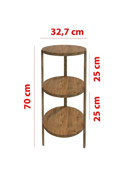 Atlantik Çam 3 Raflı Yuvarlak Tasarım Yan Sehpa - Modern Sunum Standı Ahşap