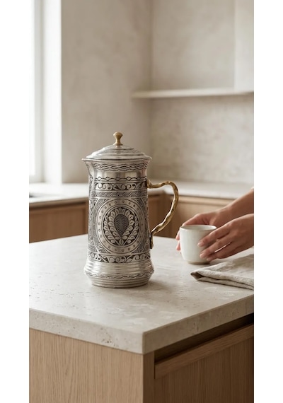 Aura Copper 2 Litre Kapaklı Kalaylı Bakır Sürahi Ağır El İşlemeli