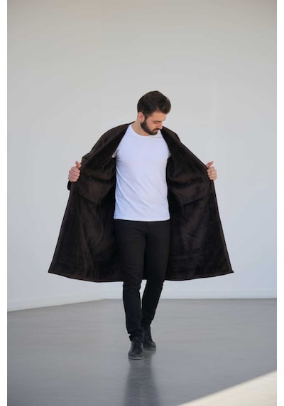 Erkek Uzun Klasik Kürk Palto Görünümlü Kışlık Dış Giyim Unisex Kahverengi