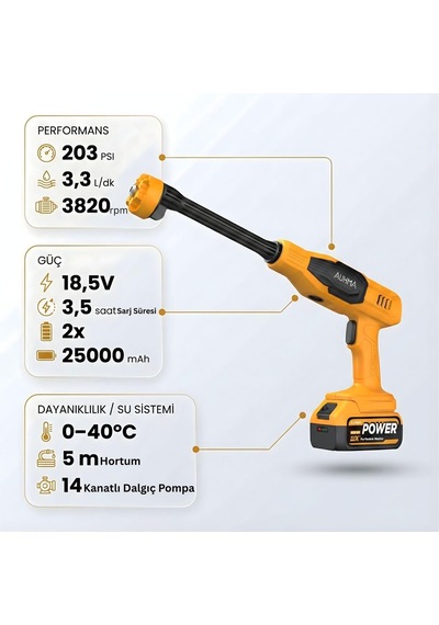 Auhma Acr07m Reel 203psı Çift Akülü Yeni Nesil Motor 12 Parça Profesyonel Oto Yıkama Tabancası