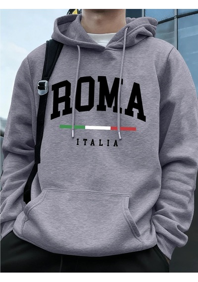 Startmore Tarzsokak Roma Italia Mektup Baskı Erkek Tişörtü Kış Cep Kapüşonlular Moda Polar Sıcak Büyük Boy Kazakl Gri
