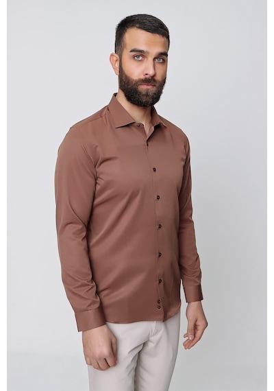 Efor Slim Fit Pamuk Saten Klasik Açık Kahve Gömlek Gk 604 Kahverengi