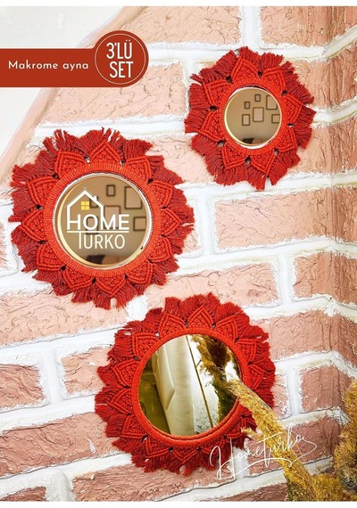 Dekoratif, Iskandinav 3-lü Aynalı Duvar Süsü, Makrome Ayna Seti, Ev, Duvar, Dekoru, Süs Eşyası. Kiremit Diğer