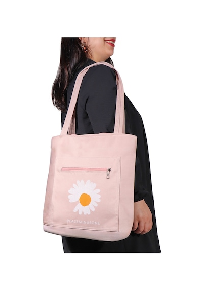 Toz Vintage Canvas Papatya Desenli Bez Omuz - Kol Çantası Pembe