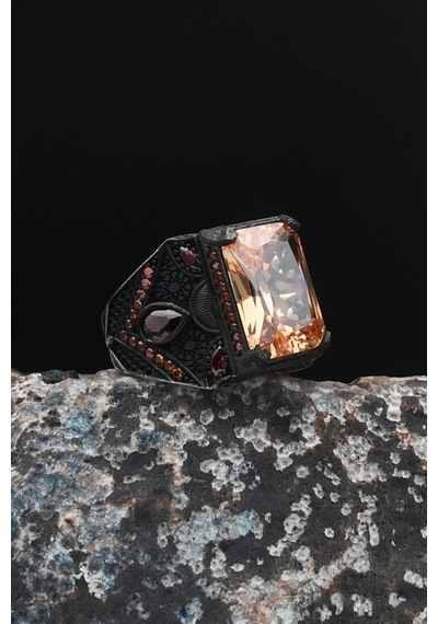 Şampanya Topaz Taşlı 925 Ayar Gümüş Erkek Yüzüğü Zirkon Taş Süslemeli 901476 Gümüş