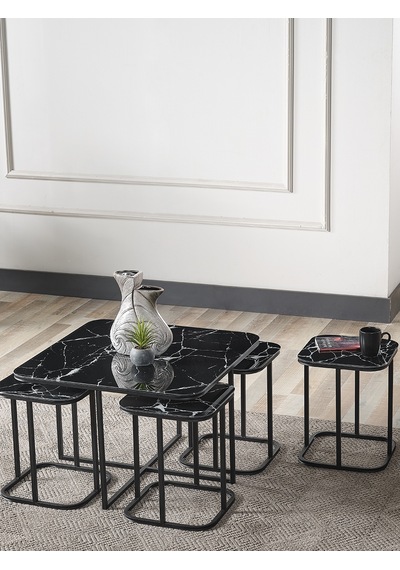 Pelikan 4+1 Siyah Mermer Temperli Cam Siyah Metal Ayak Takım Sehpa Sedaş Living Units Sehpa