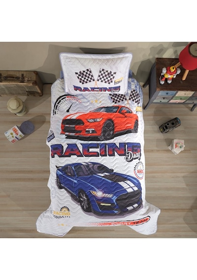Clasy Ranforce Tek Kişilik Yatak Örtüsü Racing Drag Mavi Mavi