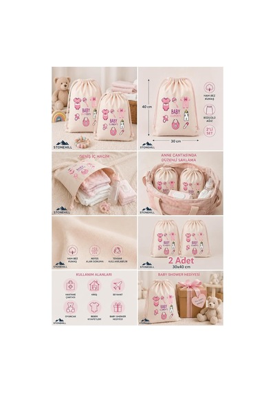 Lexroo Baby Elements Baskılı Ham Bez Büzgülü Bebek Torbası 30x40 Cm 2'li Set Çok Renkli