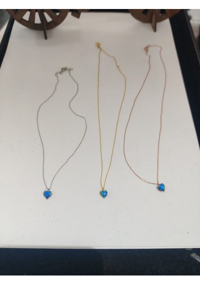 925 Ayar Papatya Silver Mavi Opal Taşlı Kalp Kolye.rose.gold.rodaj Gümüş