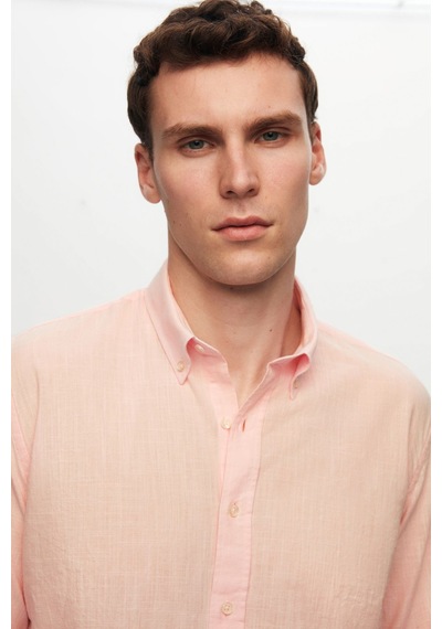 D'S Damat Ds Damat Slim Fit Pembe Düğmeli Yaka %100 Pamuk Yazlık Flamlı Keten Görünümlü Gömlek 6HC02ORT63265 Pembe