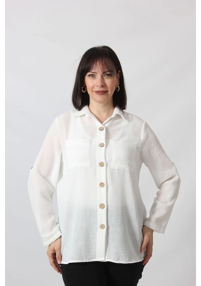 Moda Berray Bb-077 Beyaz Pamuk Keten Kolu Apoletli İki Cepli Kadın Büyük Beden Gömlek Beyaz