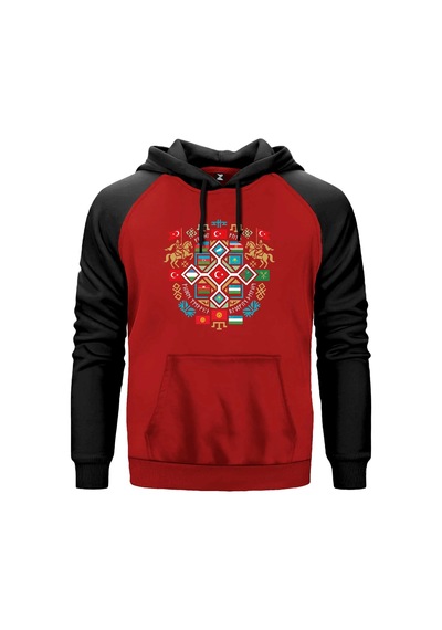 Kırmızı Renk Mozaik Mandala Türk Motifli Bozkurt Baskılı Renkli Reglan Kol Sweatshirt Kapşonlu