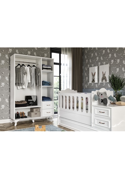 KznHome Kartopu Country Tarzı Bebek Odası Takımı - 3 Parçalı Tamamı MDF Beyaz
