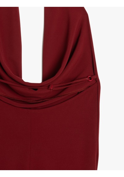 Koton Kolsuz Slim Fit Midi Boy Degaje Yaka Dekolte Elbise Bordo 5sak80064ek Bordo