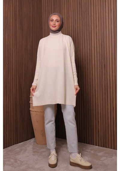 Balenbi Kadın Dik Yaka Basic 80cm Salaş Oversize Triko Tunik 1145 Ekru