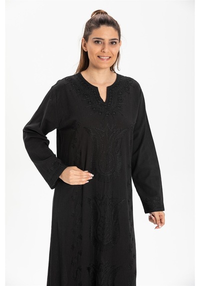 Eliş Şile Bezi Uzun Kol Şile Bezi Simli Kaftan Midi Boy Elbise Siyah