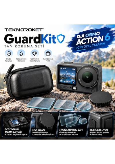 DJI Osmo Action 6 Uyumlu Tam Koruma Seti – Taşıma Çantası, Lens Kapağı ve 3 Parça Temperli Cam | Teknoroket GuardKit DJI Osmo Action 6 Uyumlu Tam Koruma Seti – Taşıma Çantası, Lens Kapağı ve 3 Parça Temperli Cam | Teknoroket GuardKit